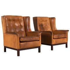 Arne Norell Set of Two Highback Lounge Chairs in Cognac Leather
