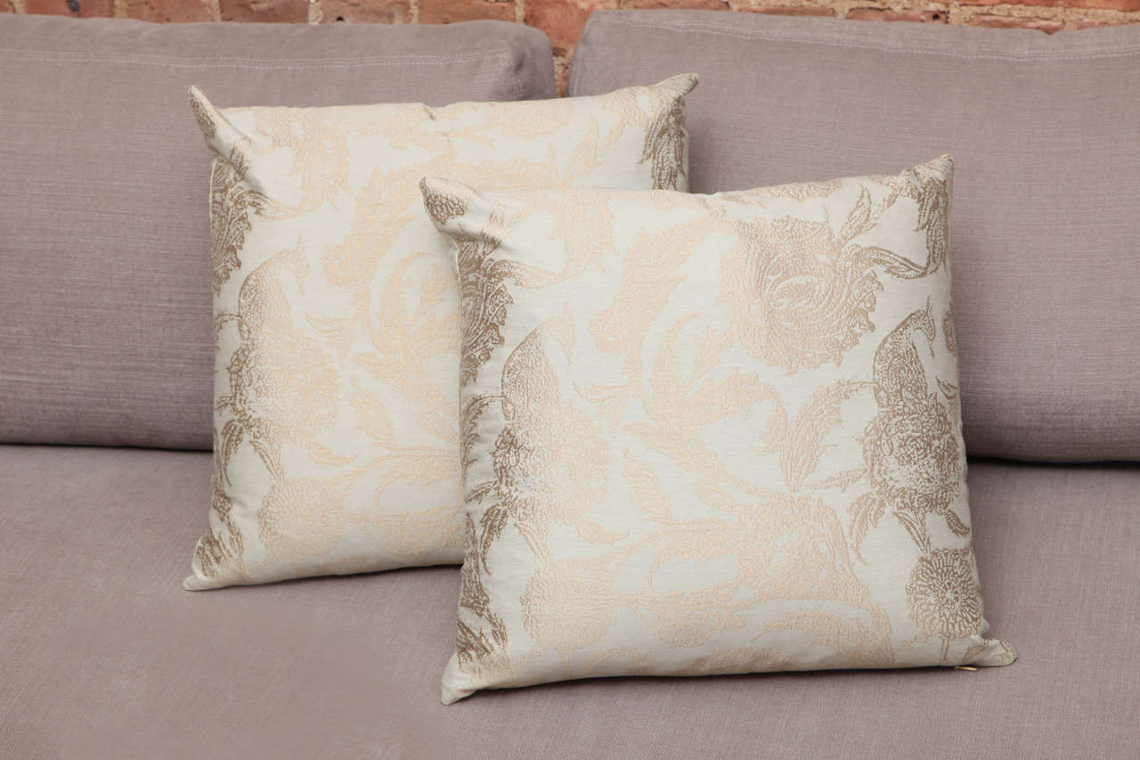 The handmade silky pillows are the only taupe collection design by Arlene Angard. The fabric is from England. The unique textile makes these pillows very chic. This style is perfect for any classical and transitional space. The soft texture of the