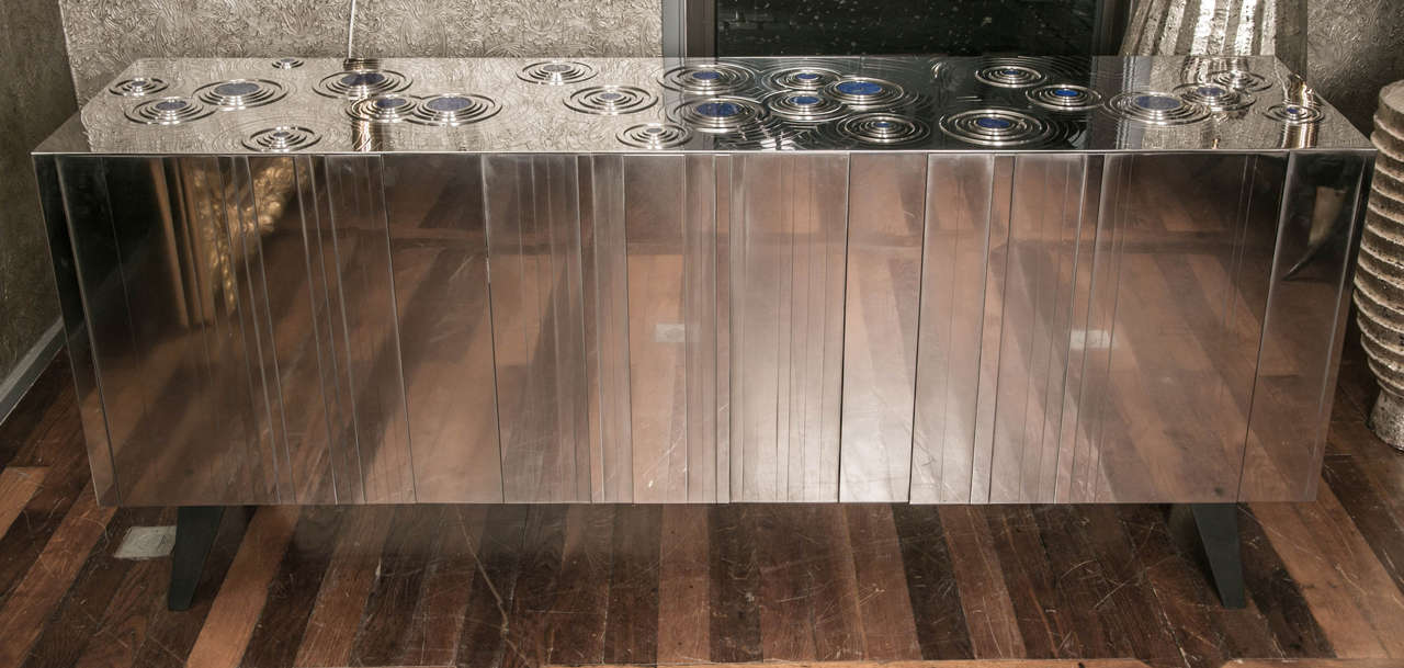 Steel sideboard, with assembled lapis lazuli stones on the top, three doors on the front, unique piece signed by a Parisian artist E.B.