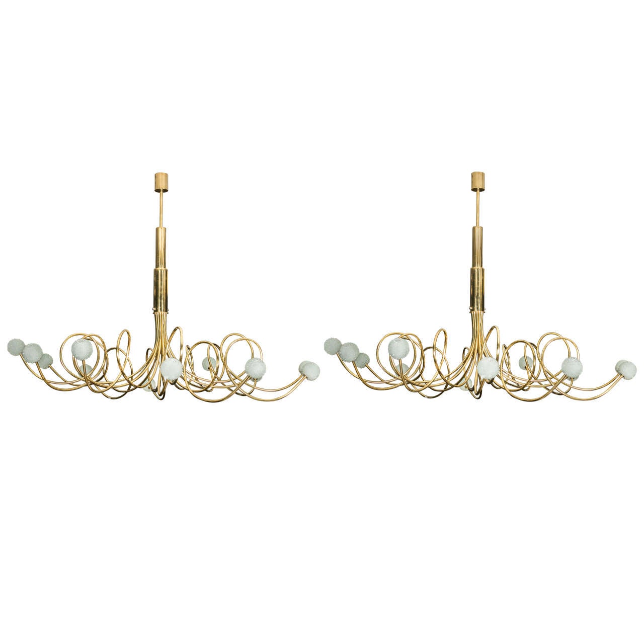 Unique Pair of Brass and Glass Chandeliers