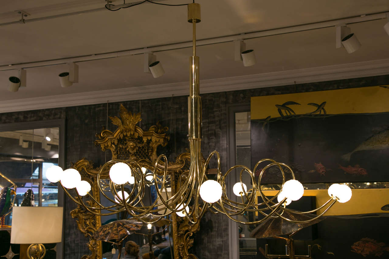 Modern Unique Pair of Brass and Glass Chandeliers