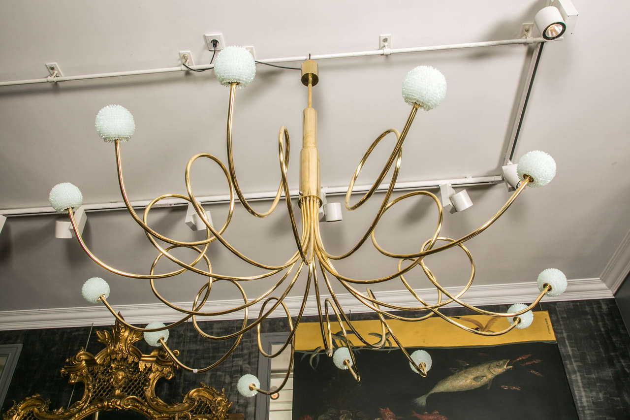 French Unique Pair of Brass and Glass Chandeliers