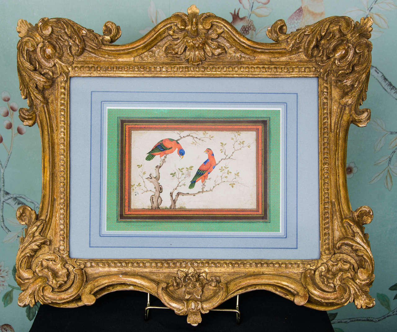 An 18th Century Chinese Picture of two Parrots in a Period Chippendale Frame