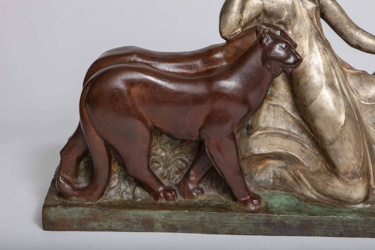 Raoul Lamourdedieu French Art Deco Sculpture of Woman with Two Panthers In Excellent Condition For Sale In New York, NY