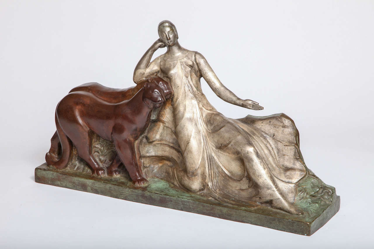 Bronze Raoul Lamourdedieu French Art Deco Sculpture of Woman with Two Panthers For Sale
