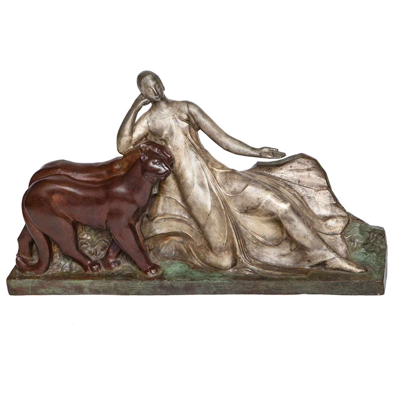Raoul Lamourdedieu French Art Deco Sculpture of Woman with Two Panthers For Sale