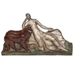Raoul Lamourdedieu French Art Deco Sculpture of Woman with Two Panthers