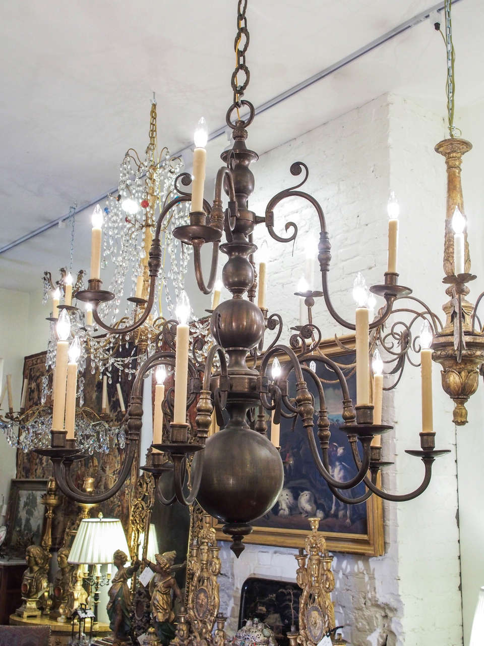 Dutch bronze twelve-light chandelier, circa 1900.