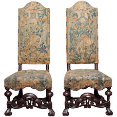 Pair of Late 17th Century Tapestry Covered Tall Back Side Chairs