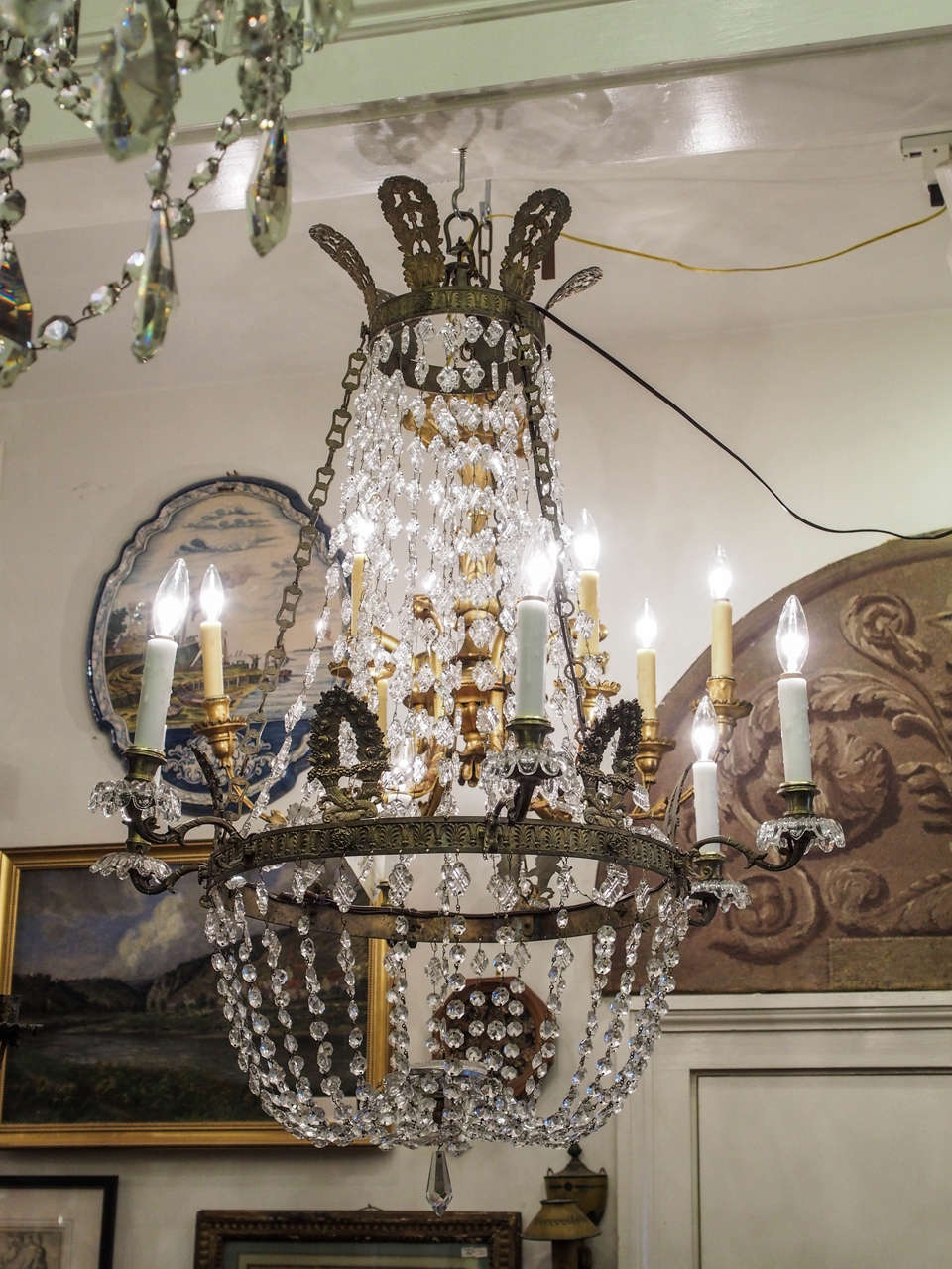 19th century French Empire chased bronze and crystal basket form chandelier with six lights. It has been wired for us current and is ready to hang in your home.