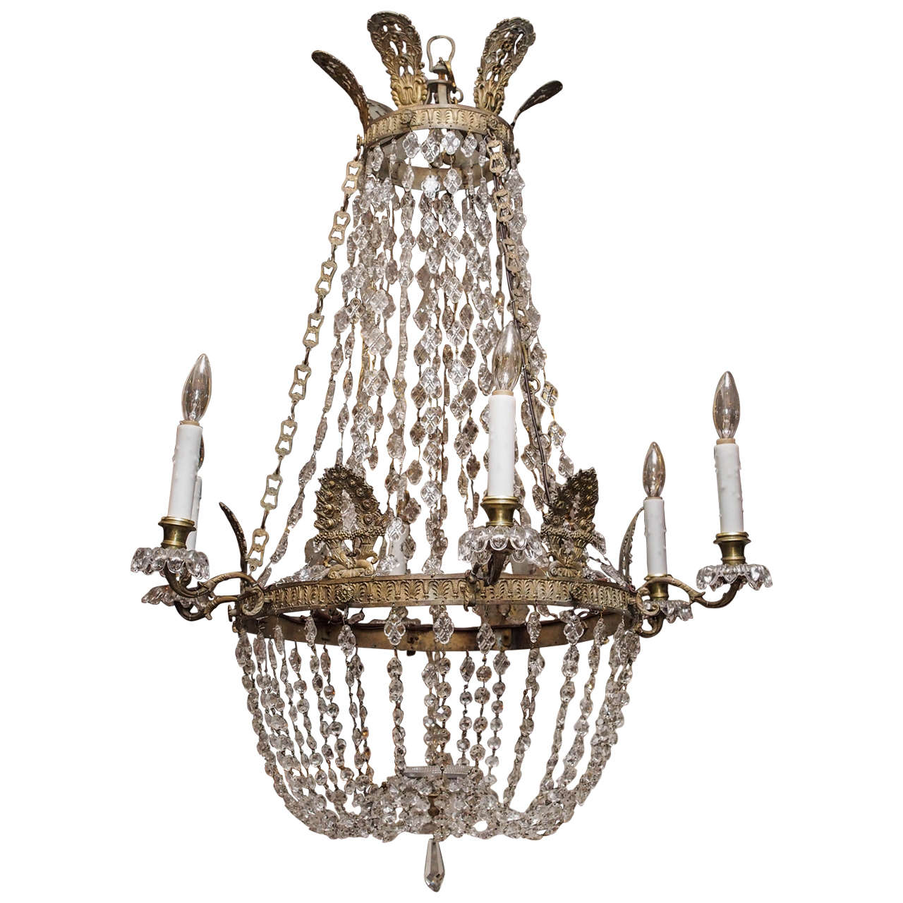 19th Century French Empire Bronze and Crystal Basket Chandelier