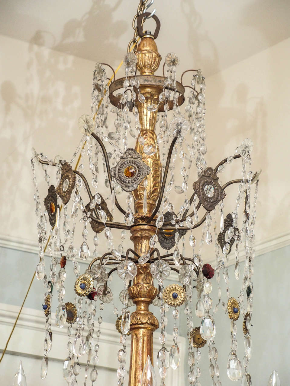 Italian Pair of 19th Century Genovese Giltwood, Iron and Crystal Twelve-Light Chandelier