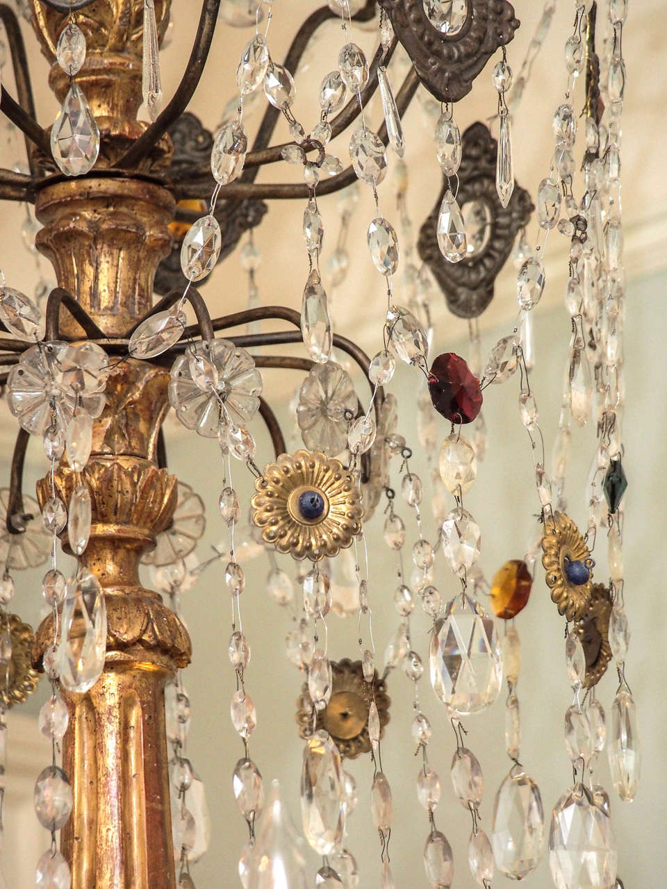 Pair of 19th Century Genovese Giltwood, Iron and Crystal Twelve-Light Chandelier 1