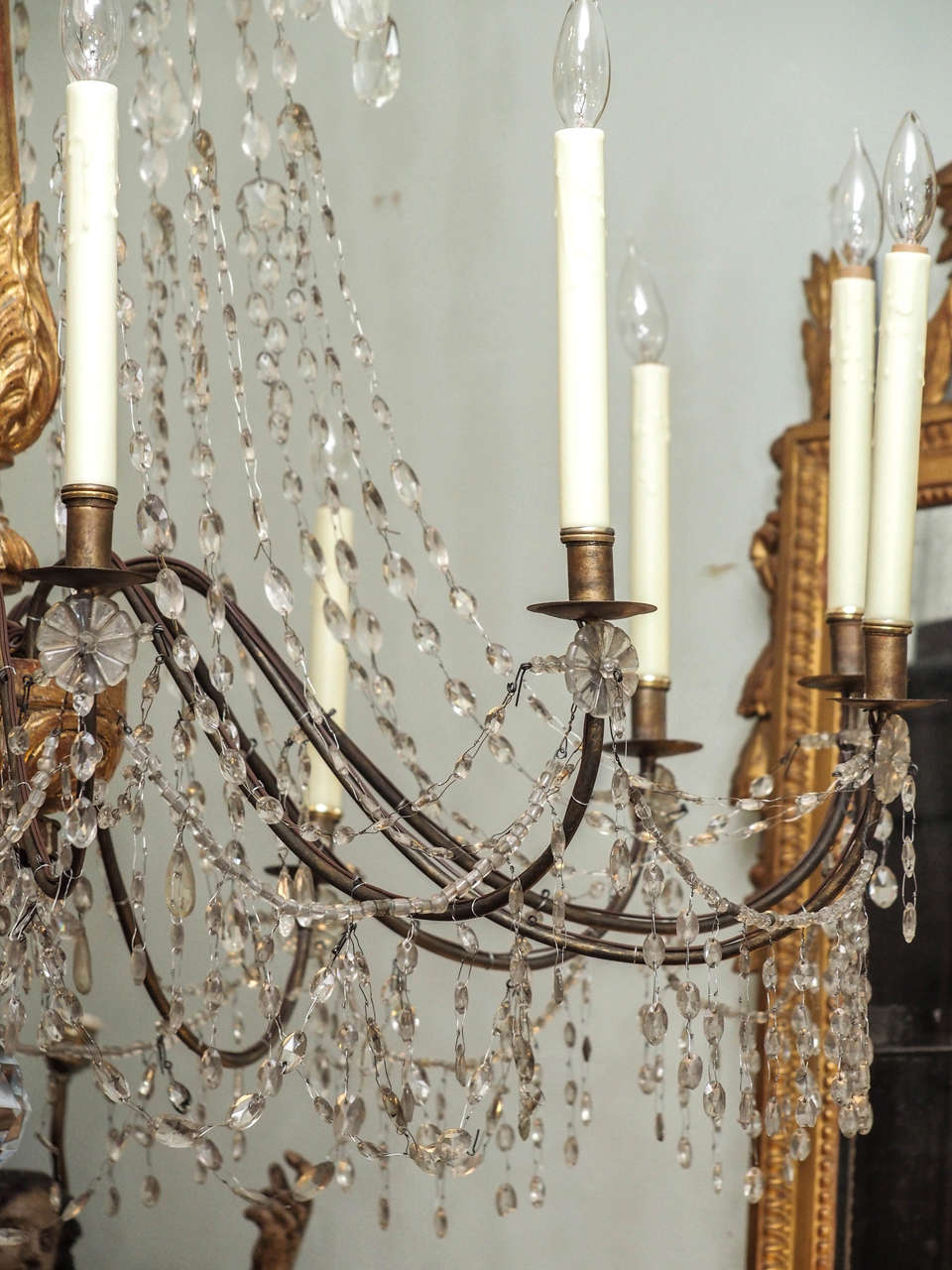 Pair of 19th Century Genovese Giltwood, Iron and Crystal Twelve-Light Chandelier 5