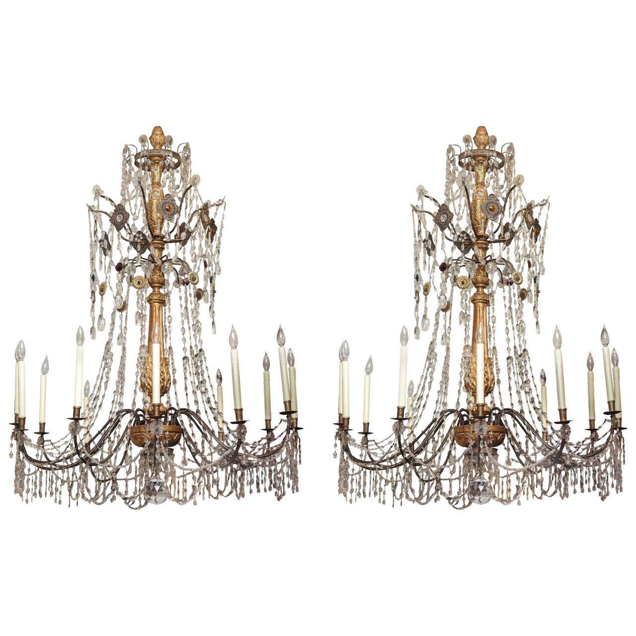 Pair of 19th Century Genovese Giltwood, Iron and Crystal Twelve-Light Chandelier