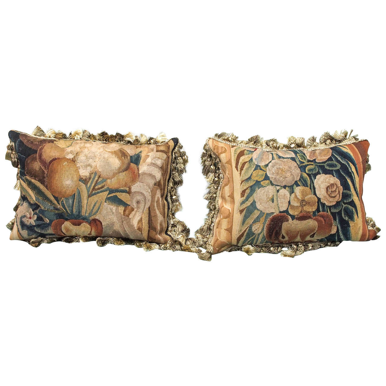 Pair of 17th Century Aubusson Tapestry Fragments Now as Cushions
