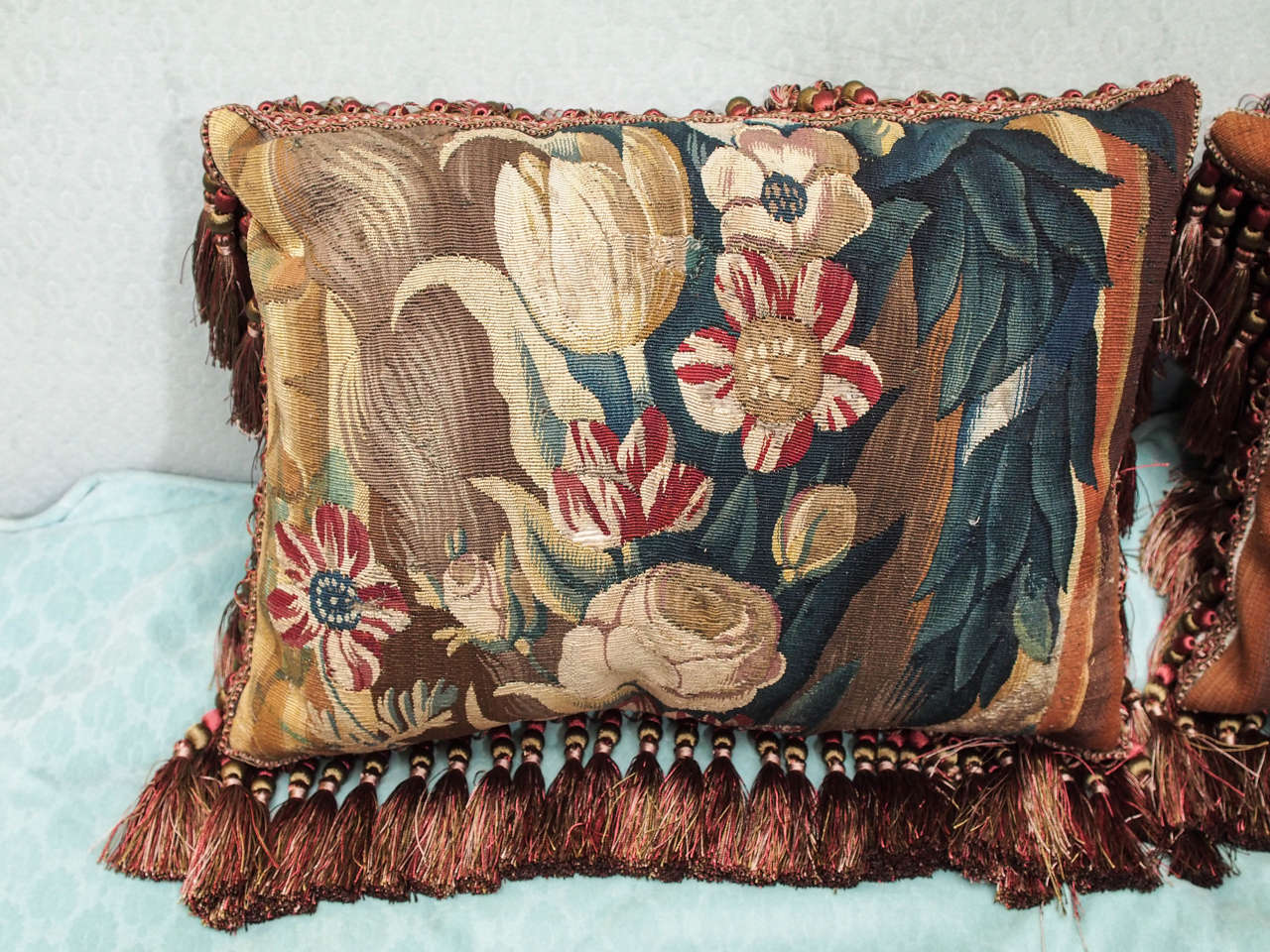 French Pair of 17th Century. Aubusson Tapestry Fragments Now as Cushions