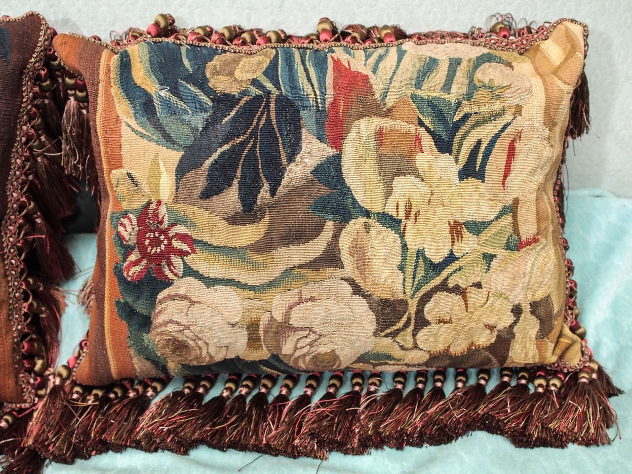 18th Century and Earlier Pair of 17th Century. Aubusson Tapestry Fragments Now as Cushions