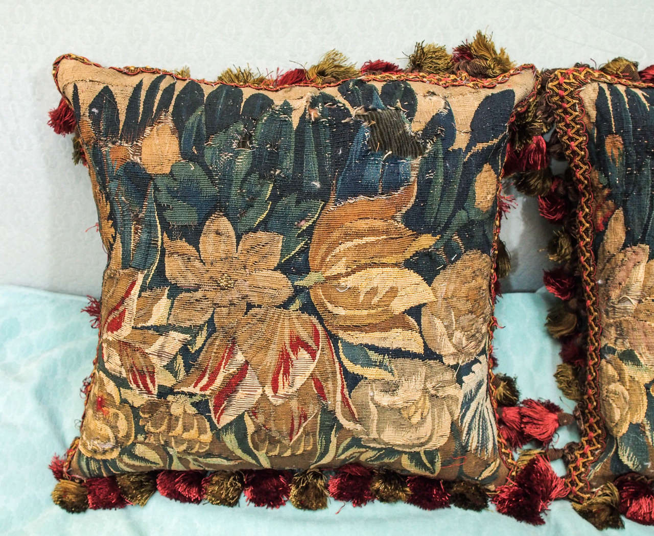 French Pair of 17th Century Tapestry Fragments Depicting Tulips Now as Cushions