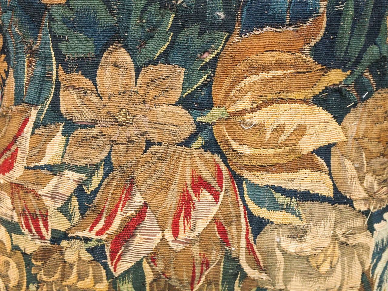 Pair of 17th Century Tapestry Fragments Depicting Tulips Now as Cushions In Fair Condition In Natchez, MS