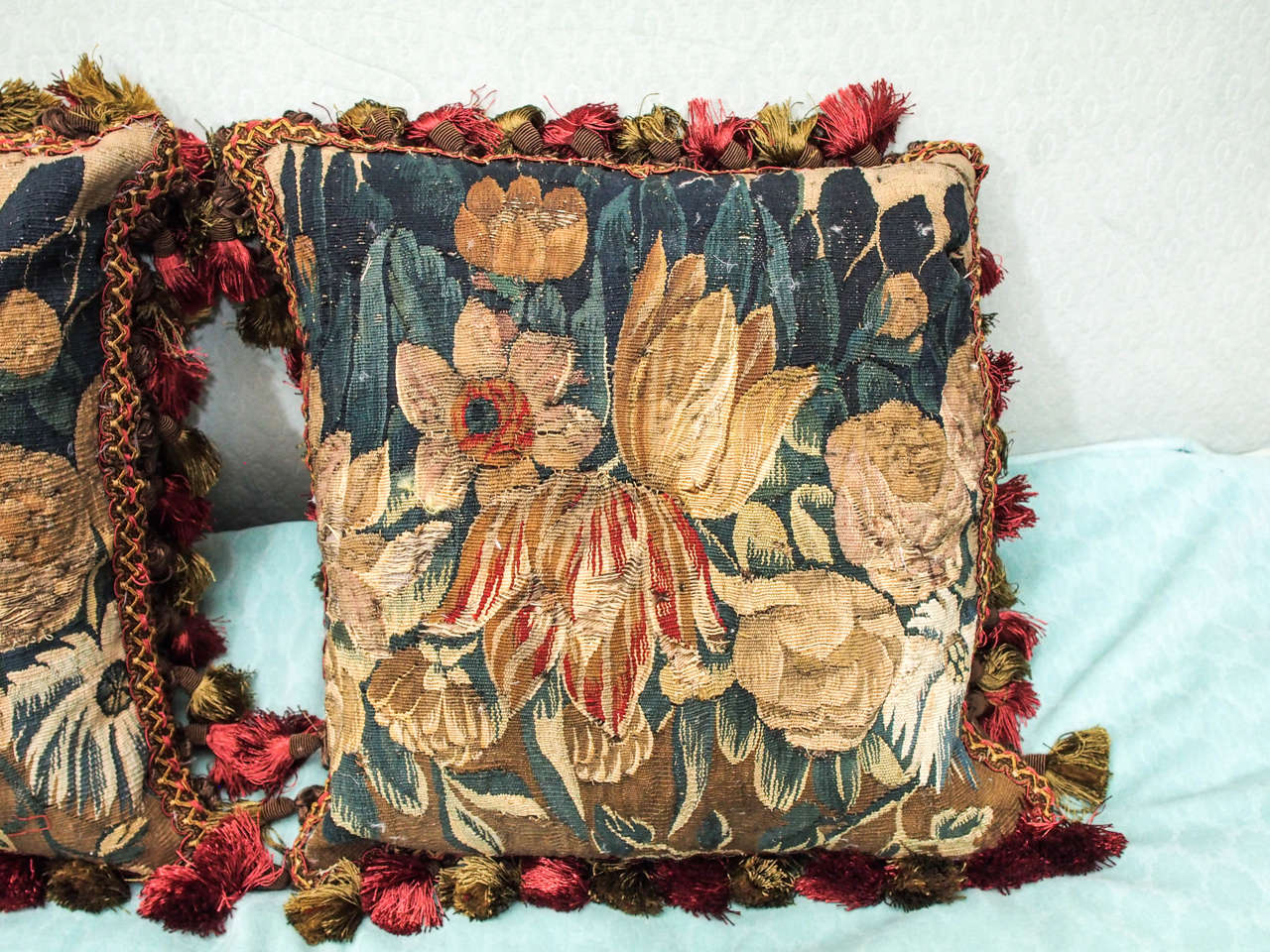 18th Century and Earlier Pair of 17th Century Tapestry Fragments Depicting Tulips Now as Cushions