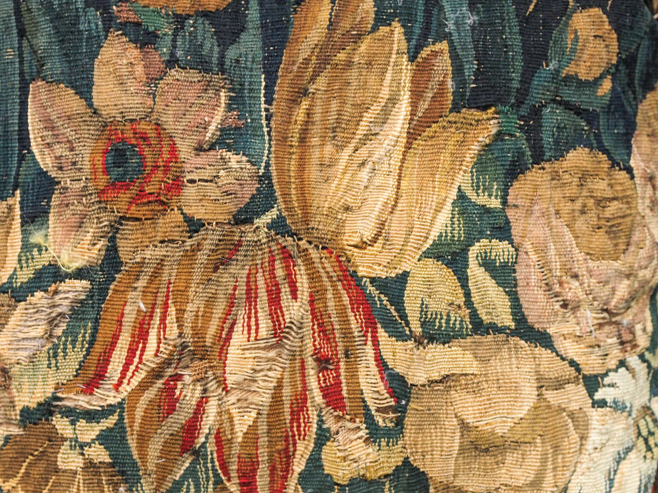 Pair of 17th Century Tapestry Fragments Depicting Tulips Now as Cushions 1