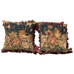 Pair of 17th Century Tapestry Fragments Depicting Tulips Now as Cushions