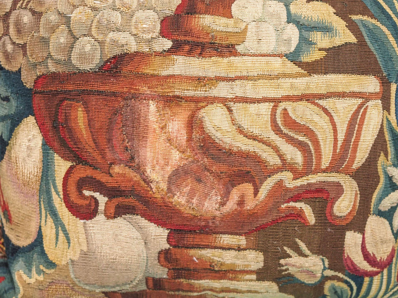 French Aubusson Tapestry Fragment Depicting a Garden Urn Now as a Cushion In Good Condition For Sale In Natchez, MS