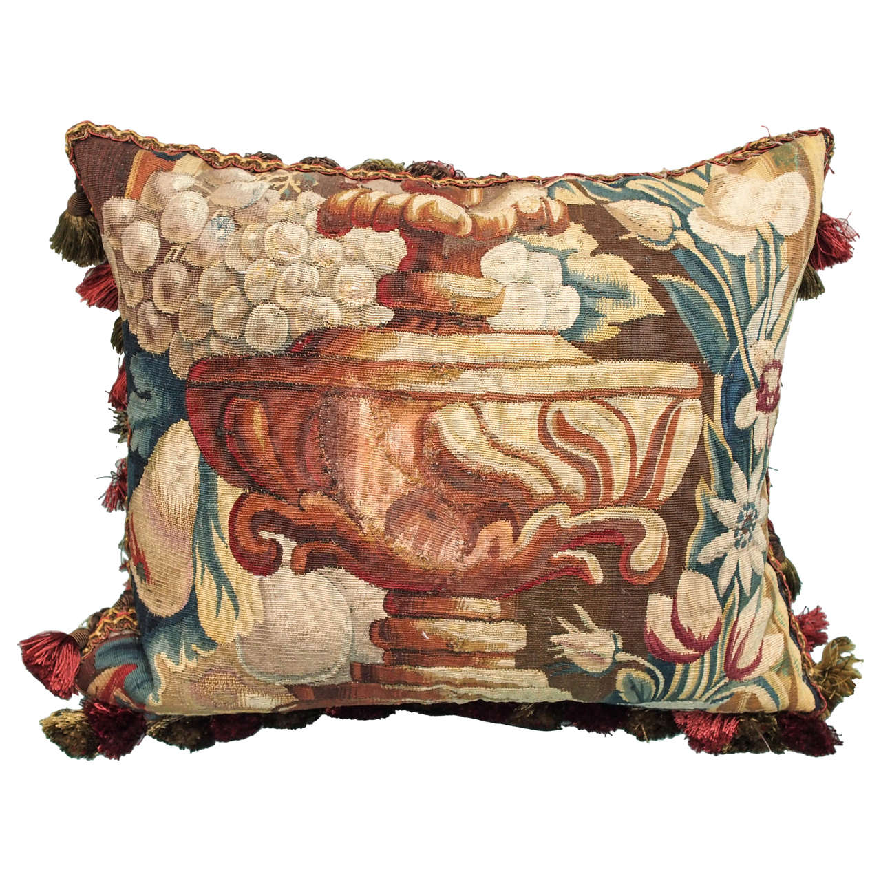 French Aubusson Tapestry Fragment Depicting a Garden Urn Now as a Cushion For Sale