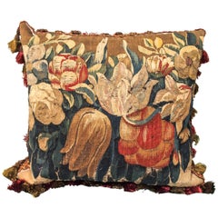 17th Century Aubusson Tapestry Fragment Depicting Tulips Now as Cushion