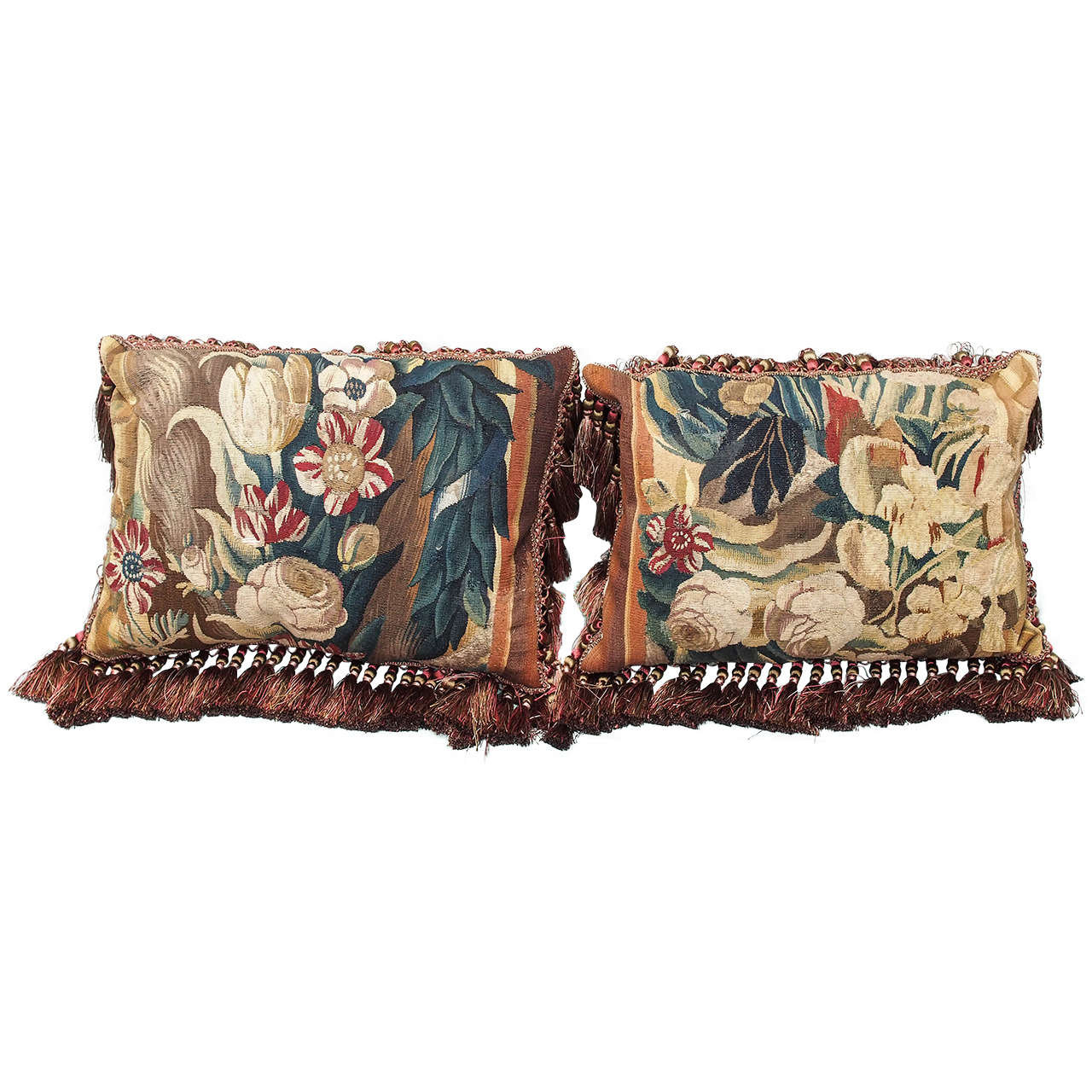 Pair of 17th Century. Aubusson Tapestry Fragments Now as Cushions For