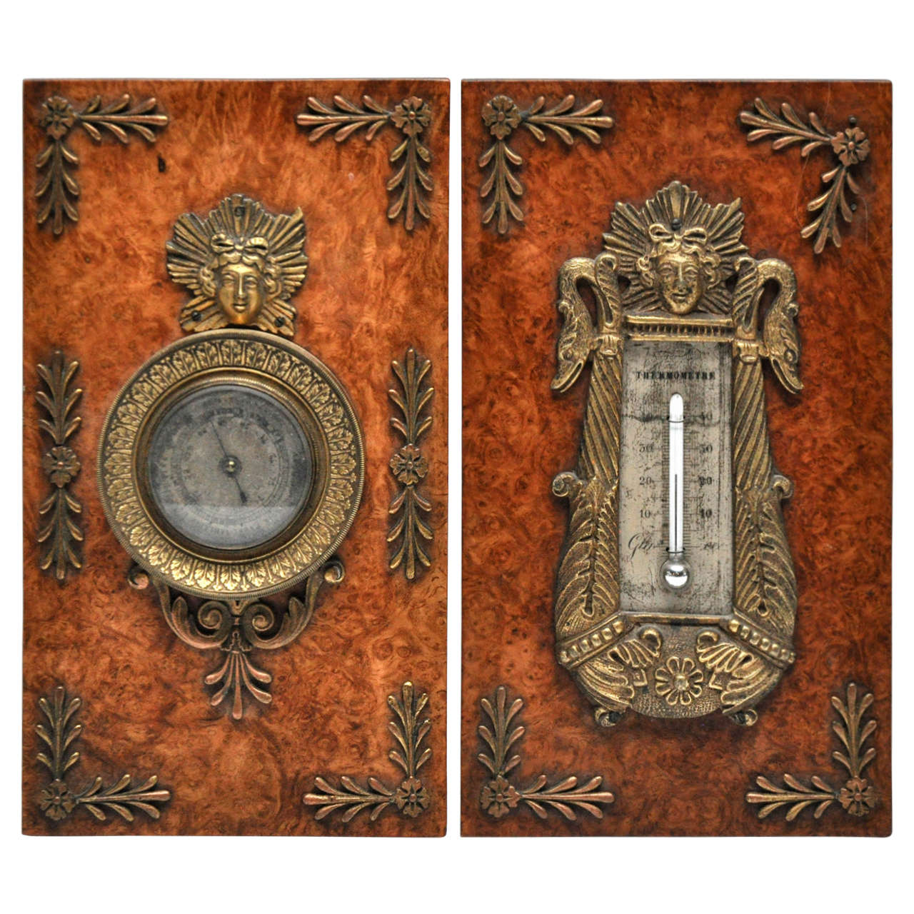 French Mulberry, Bronze and Ormolu Barometer and Thermometer, circa 1815