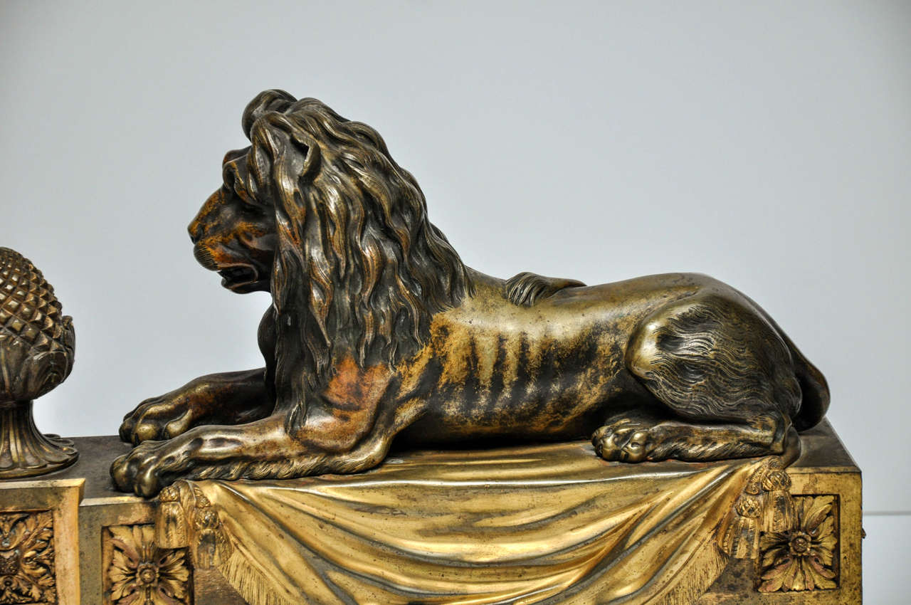European Louis XVI Lion Andirons, Bronze and Ormolu, circa 1760 For Sale