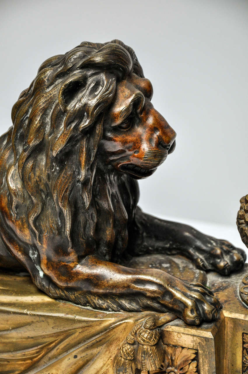 Louis XVI Lion Andirons, Bronze and Ormolu, circa 1760 For Sale 1