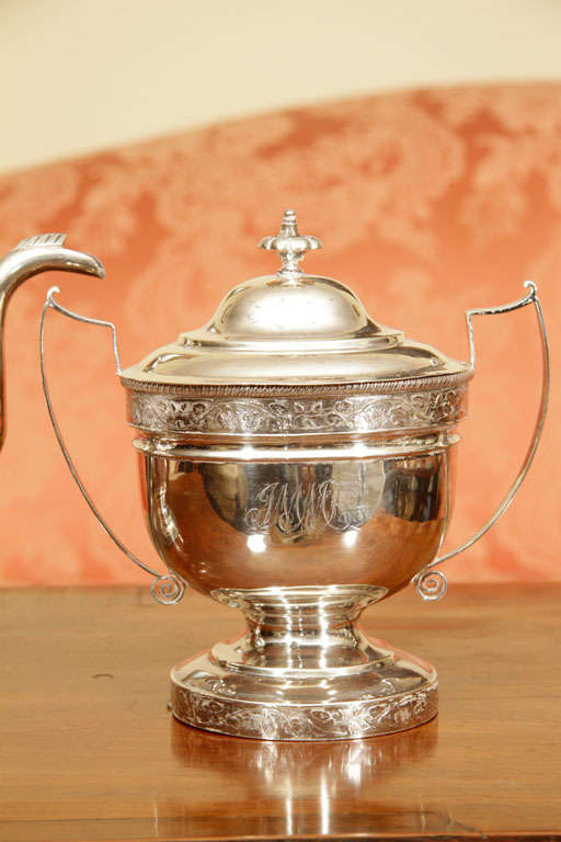 American silver tea pot and sugar bowl Ca. 1830 made by John McMullin, <br />
Philadelphia