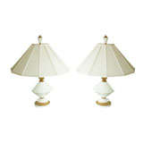 Beautiful Pair of White Milk Glass Lamps with Gilt Metal Trim