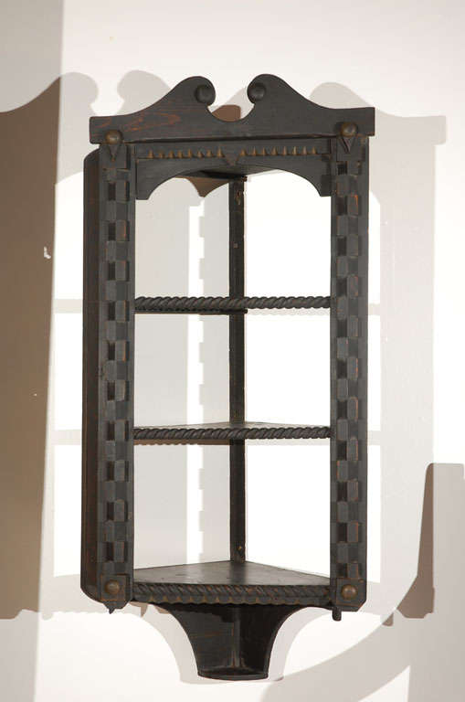 19thc Original Painted & Carved Folky Hanging Corner Shelf