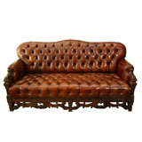 19th C. Continental Walnut Carved Leather Tufted Sofa