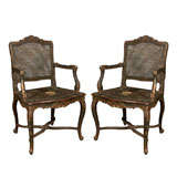 Pair of Venetian Painted Caned Armchairs C. 1900
s