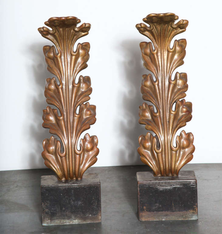 late 19th - early 20th Century pair of stylized patinated Bronze Acanthus Leaf Andirons on Black Iron rectangular base