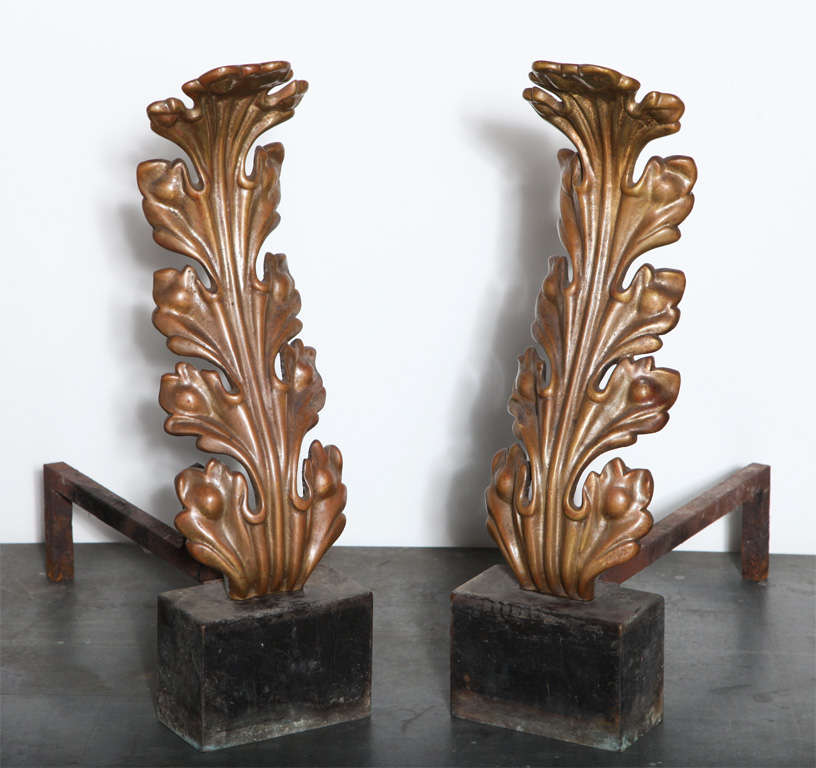 Victorian pair of Bronze Acanthus Andirons