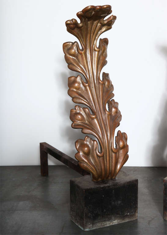 French pair of Bronze Acanthus Andirons