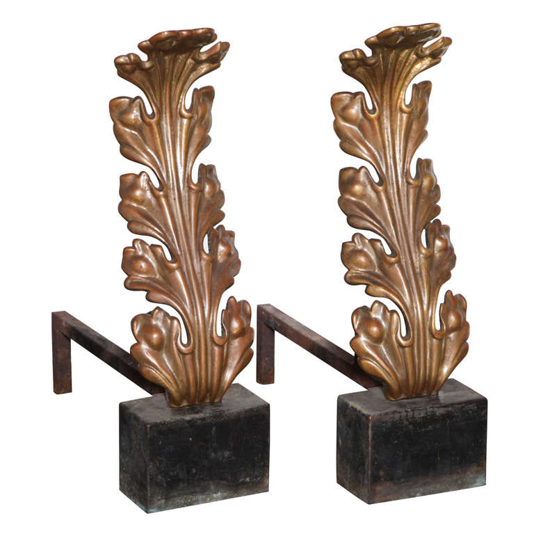 pair of Bronze Acanthus Andirons