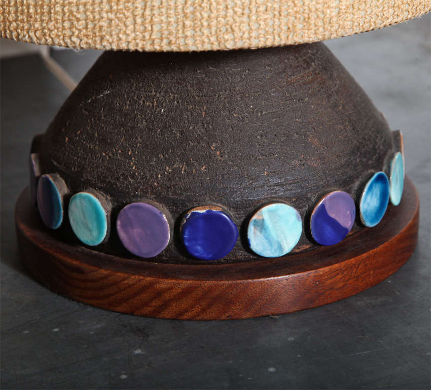 Italian Pair of 1960s Aldo Londi Earthen Stoneware Table Lamps with Blue Glazed Discs