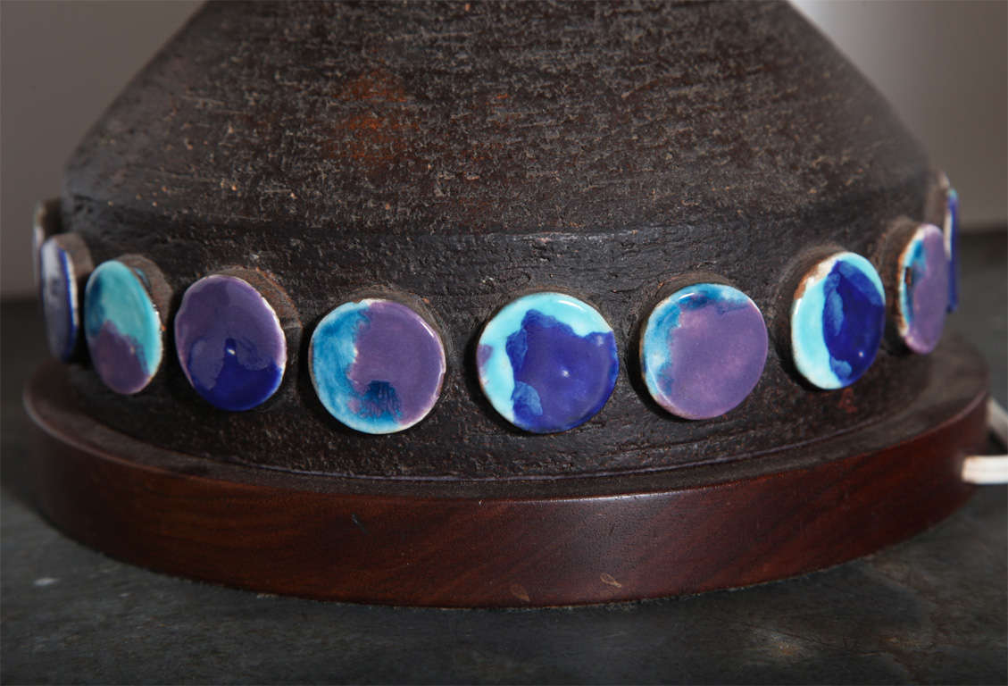 Ceramic Pair of 1960s Aldo Londi Earthen Stoneware Table Lamps with Blue Glazed Discs