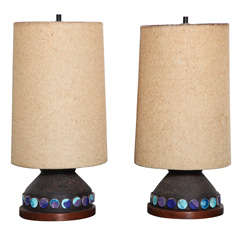 Pair of 1960s Aldo Londi Earthen Stoneware Table Lamps with Blue Glazed Discs