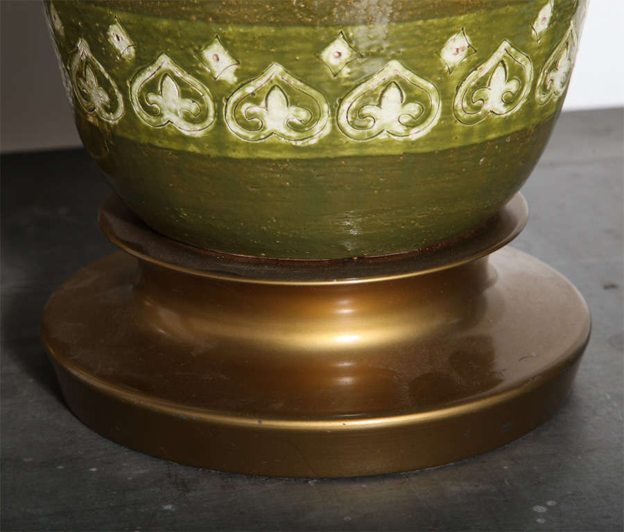 Brass Substantial Pair Aldo Londi for Bitossi Olive & Green Moresque Ceramic Lamps