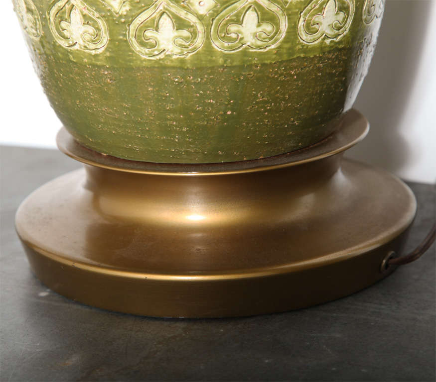 Substantial Pair Aldo Londi for Bitossi Olive & Green Moresque Ceramic Lamps 1