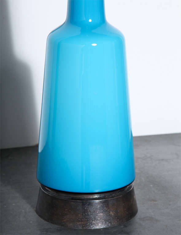 Plated Otto Brauer for Holmegaard Turquoise Blue Cased Glass Table Lamp, Circa 1960 For Sale