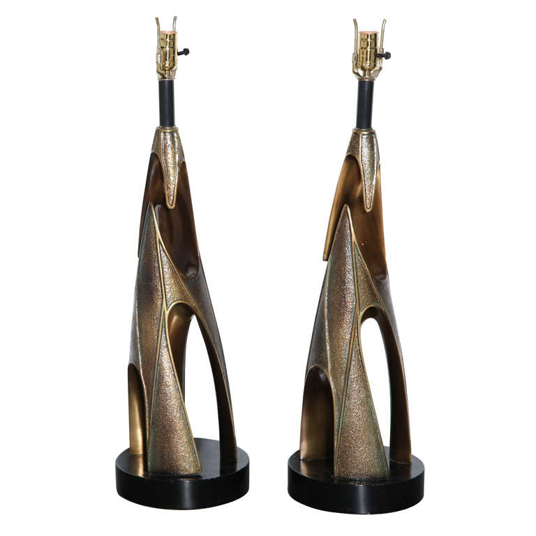 Monumental Pair of Maurizio Tempestini Bronze Resin Brutalist Table Lamps, 1960s